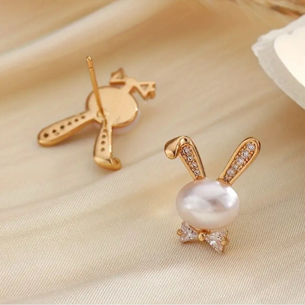 Bunny Rhinestone | Pearl Bougie Ears & Bow Tie Stud Gold Tone Earrings LAST PAIR - Picture 7 of 10